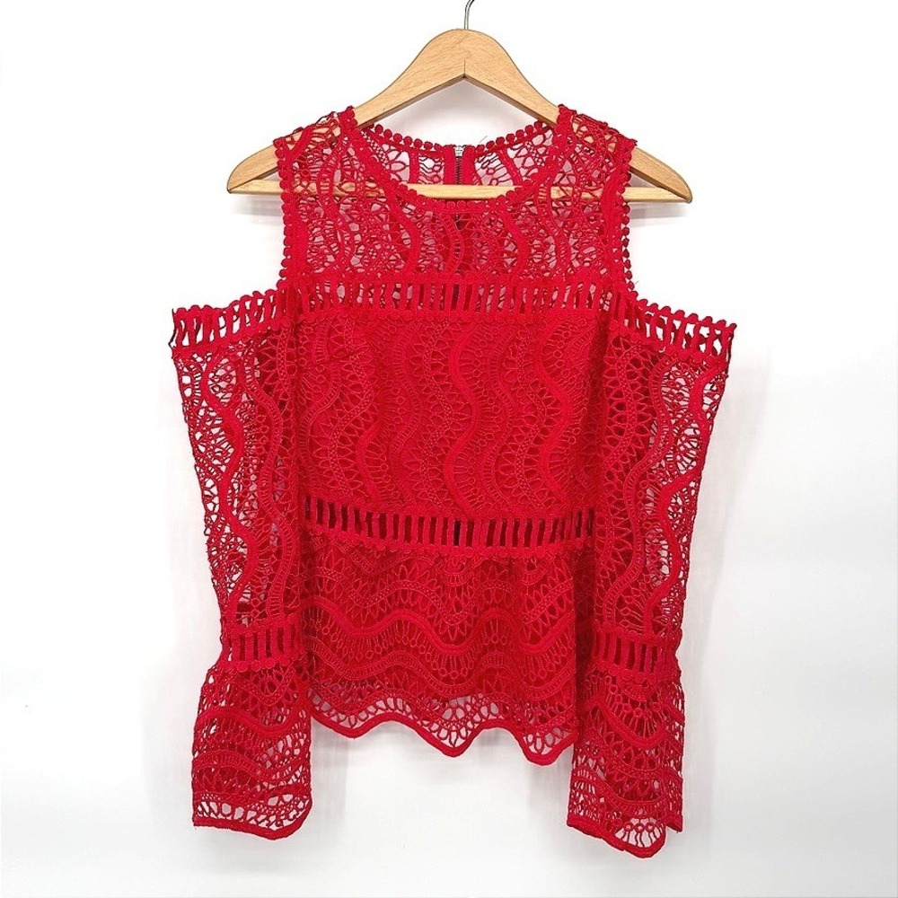 Venus Red Lace Cold Shoulder Top Crochet Peplum Bell Sleeve Party Blouse MD/8